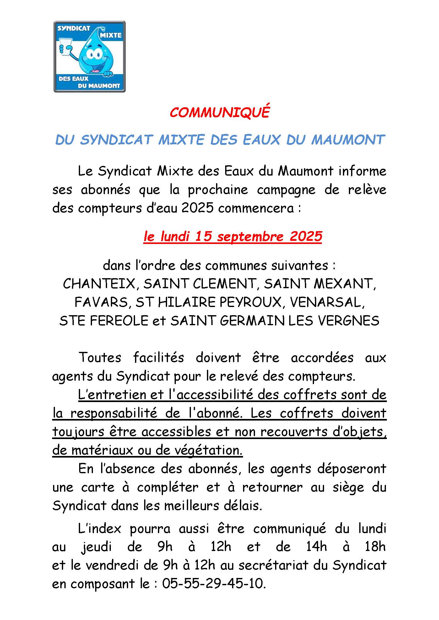 Communiqué - Relève compteurs d'eau Venarsal 2025